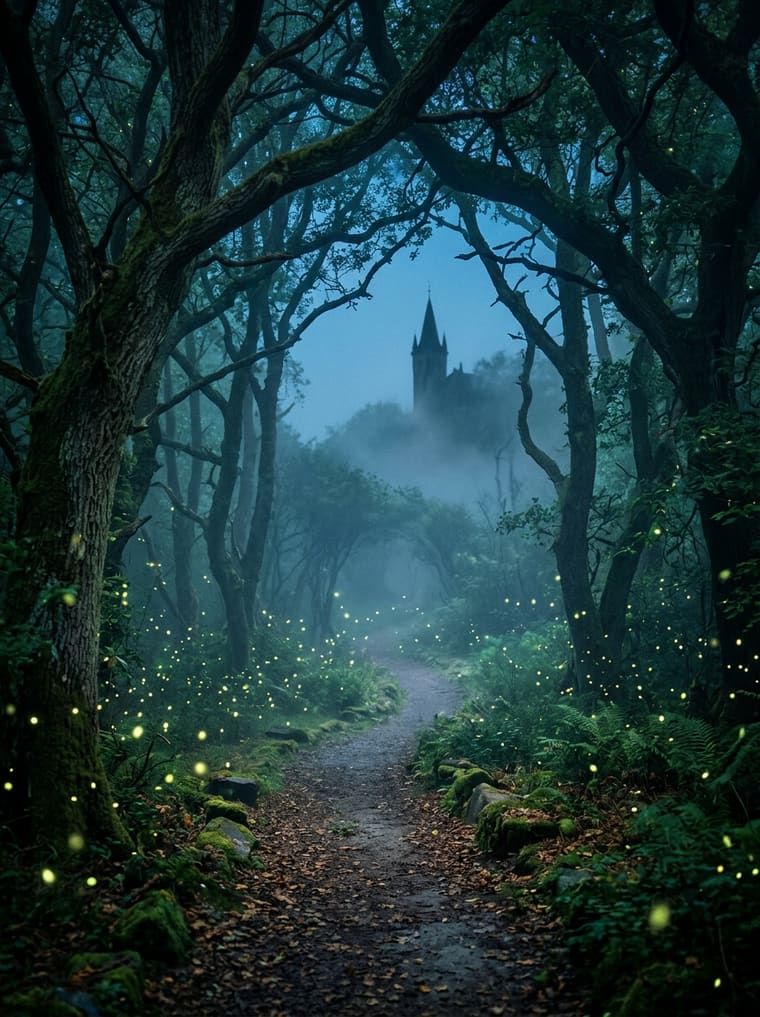Cinematic editorial photo of an enchanted forest path at blue hour with fireflies and a distant castle.