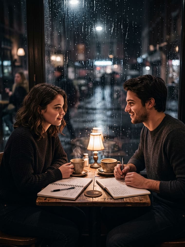 Cinematic editorial photo of two people with notebooks in a lamplit café at night.