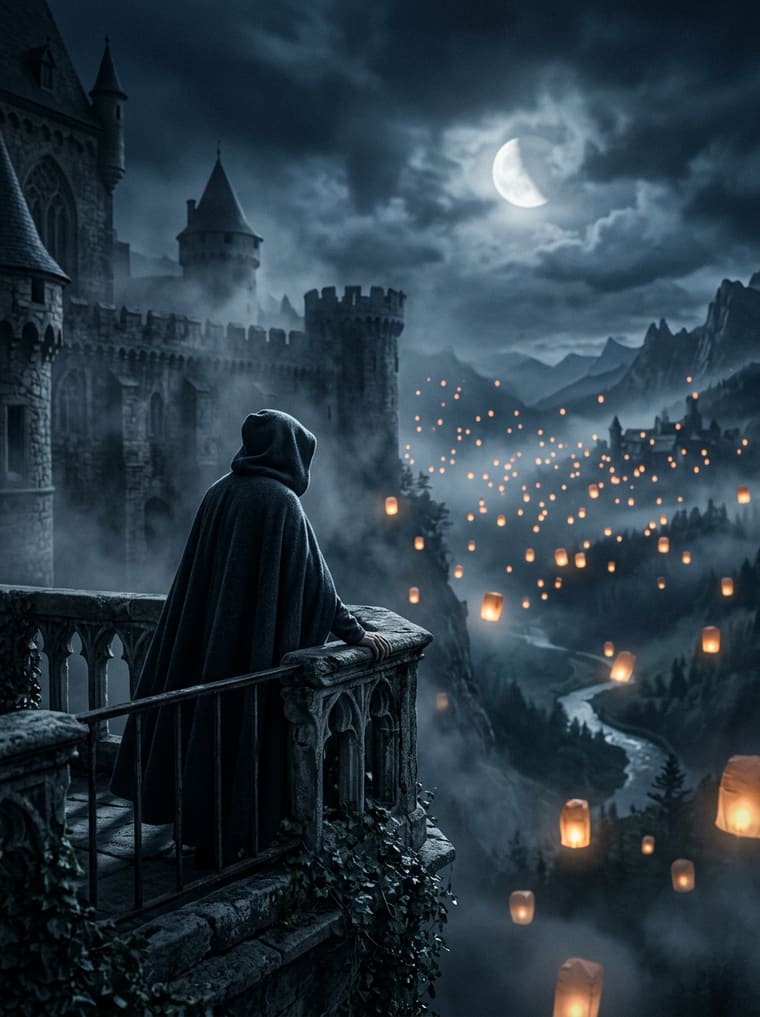 Cinematic editorial photo of a moonlit gothic castle courtyard with floating lanterns in the valley below.