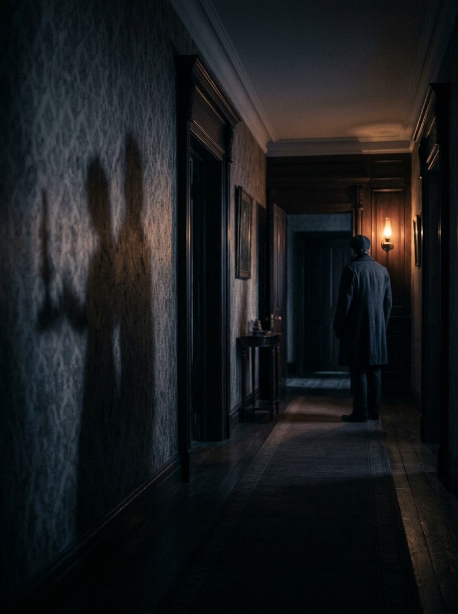 Cinematic editorial photo of a candlelit Victorian hallway where a shadow on the wall does not match the person casting it.
