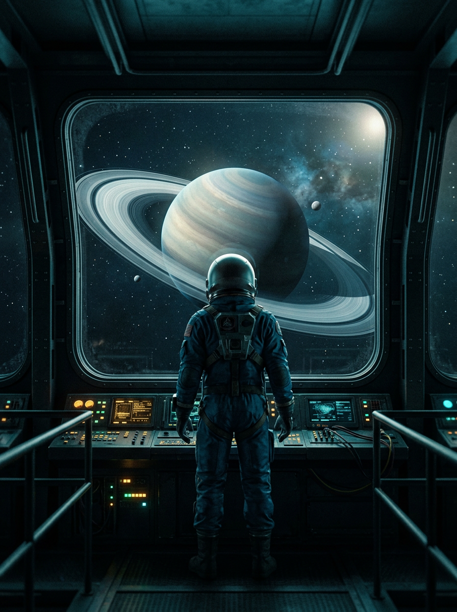 Cinematic editorial photo of an astronaut watching a ringed planet from a space-station window.